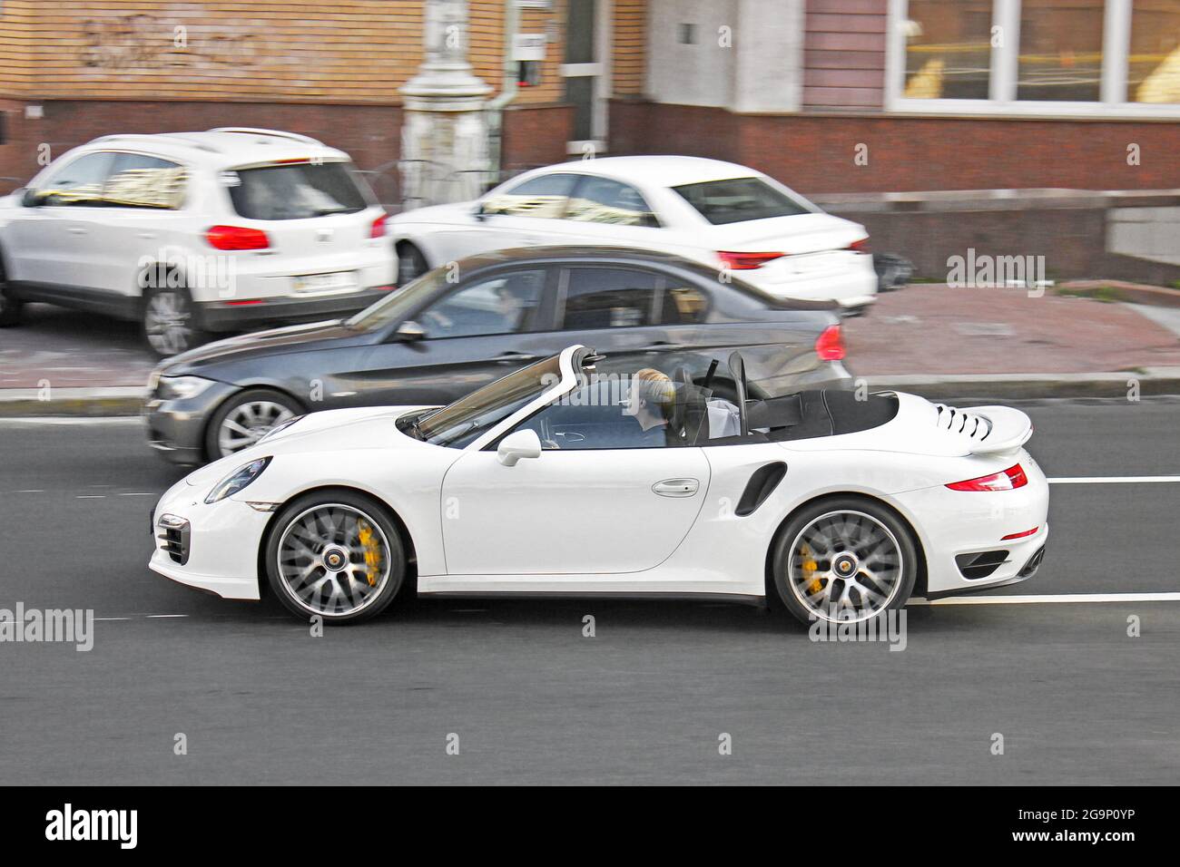 Kiev Ukraine September 3 17 White Convertible In Motion Porsche 911 Turbo S Cabriolet 991 In Motion Stock Photo Alamy
