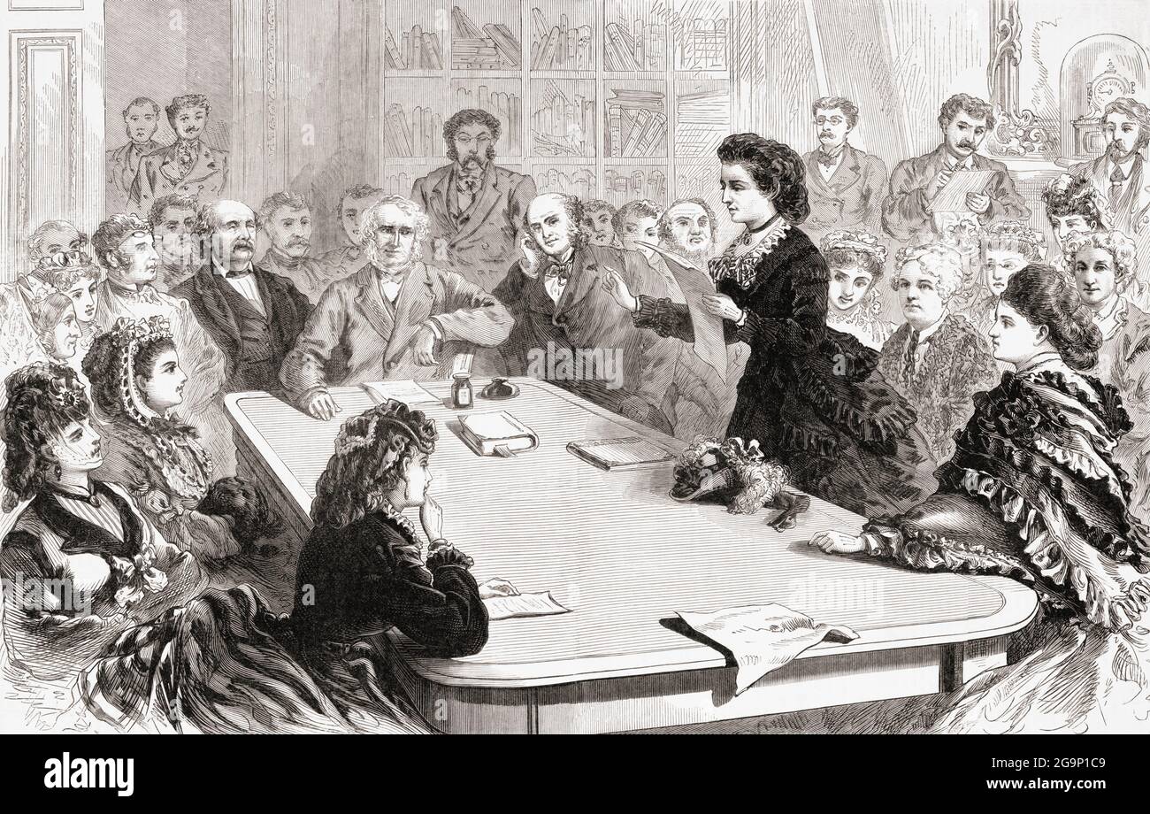 In January 1871, Victoria Claflin Woodhull, 1838 - 1927, a delegate of the American suffrage movement presenting her argument for women’s voting rights on the basis of the 14th and 15th constitutional amendments to a judiciary committee of the House of Representatives.  Both amendments were written to enforce the rights of citizens.  The passing of the 19th amendment in 1920 specifically gave women the right to vote.  Victoria Woodhull, a champion of the American suffrage movement, ran for President of the United States in the 1872 election.  After an illustration in Frank Leslie's Illustrated Stock Photo