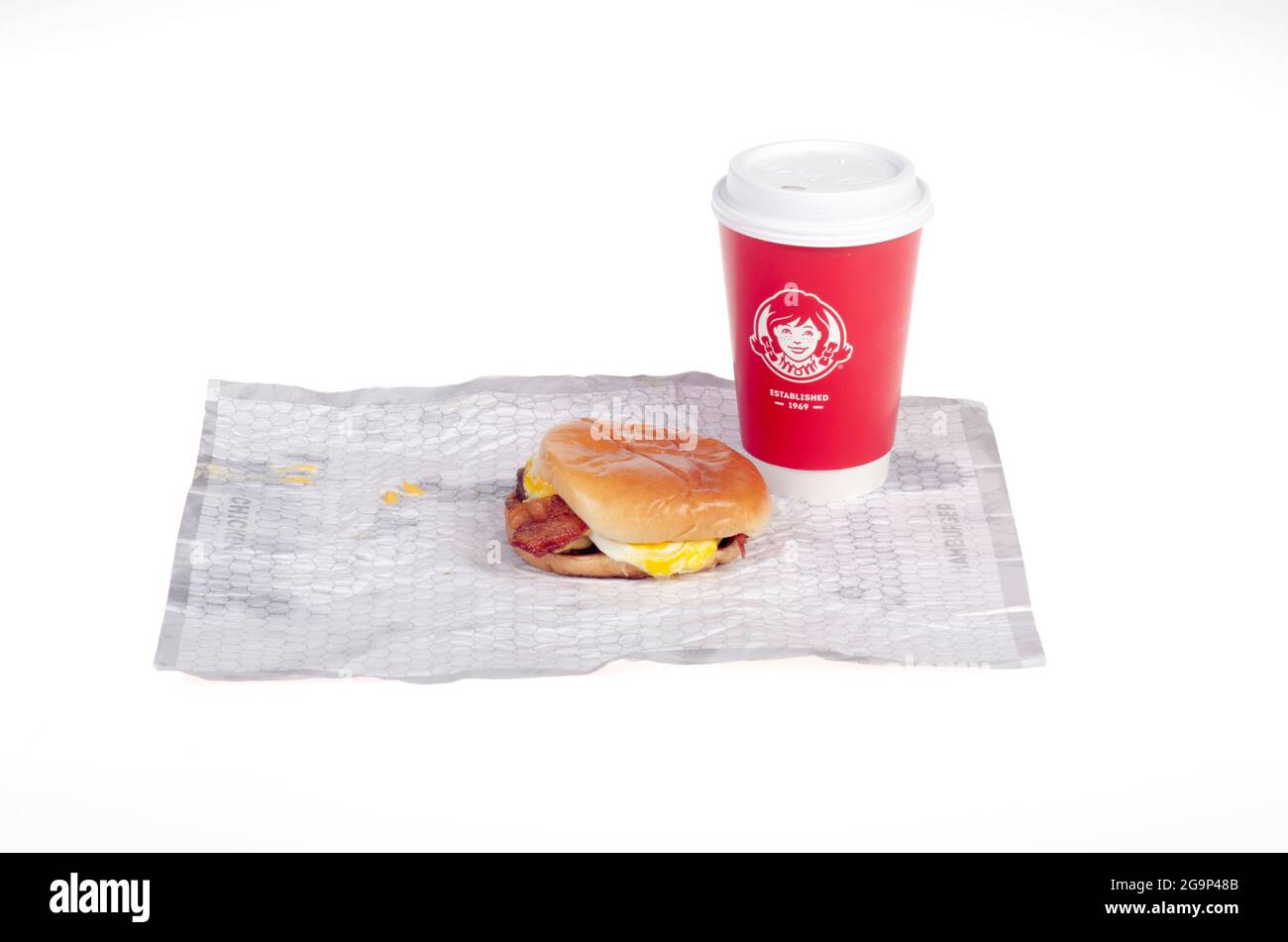Wendy's egg, bacon, cheese breakfast Sandwich & Hot Coffee Cup on