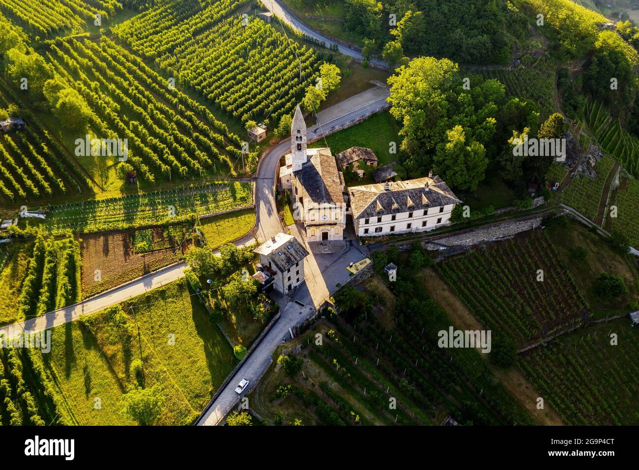 Valtellina (IT), Castionetto di Chiuro, Aerial view of the vineyards and little church Stock Photo