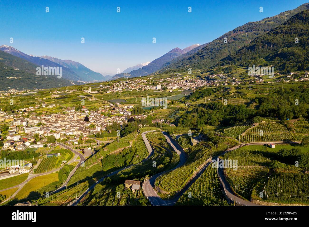 Valtellina (IT), Aerial view of the valley from the Chiuro area to the west Stock Photo