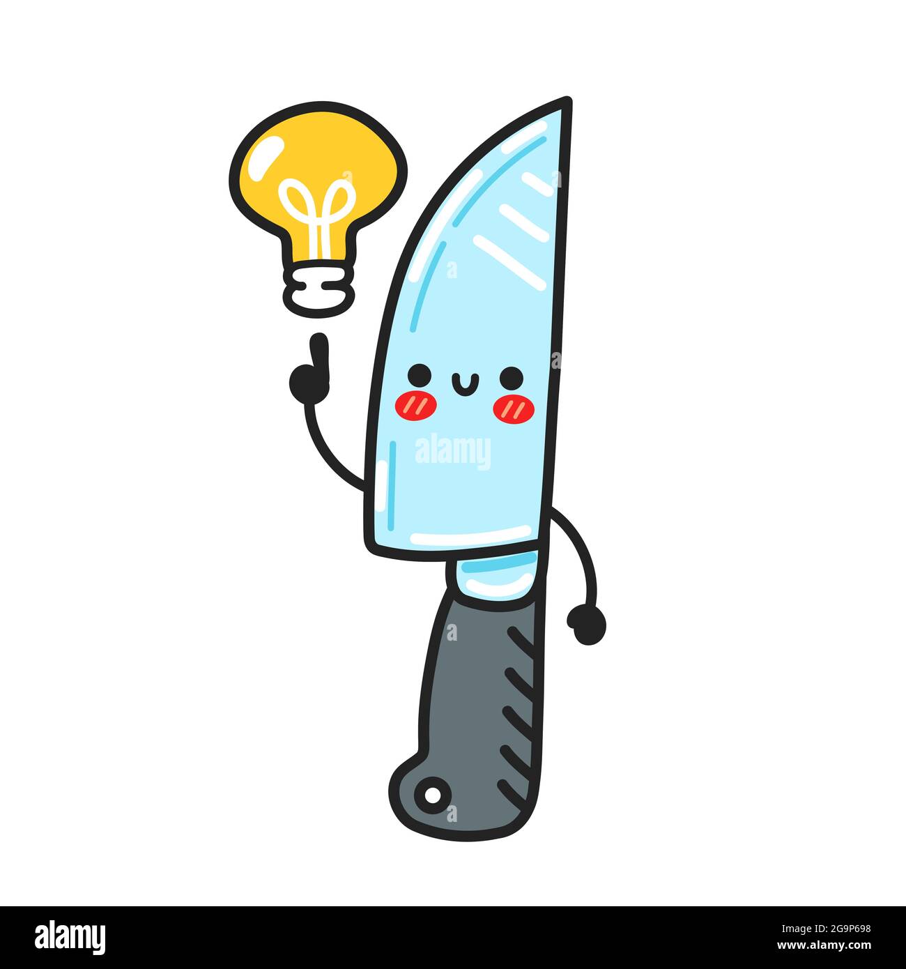 Cute funny kitchen chef knife character with idea light bulb. Vector flat cartoon kawaii character illustration icon. Isolated on white background. Chef cooking knife cartoon character concept Stock Vector