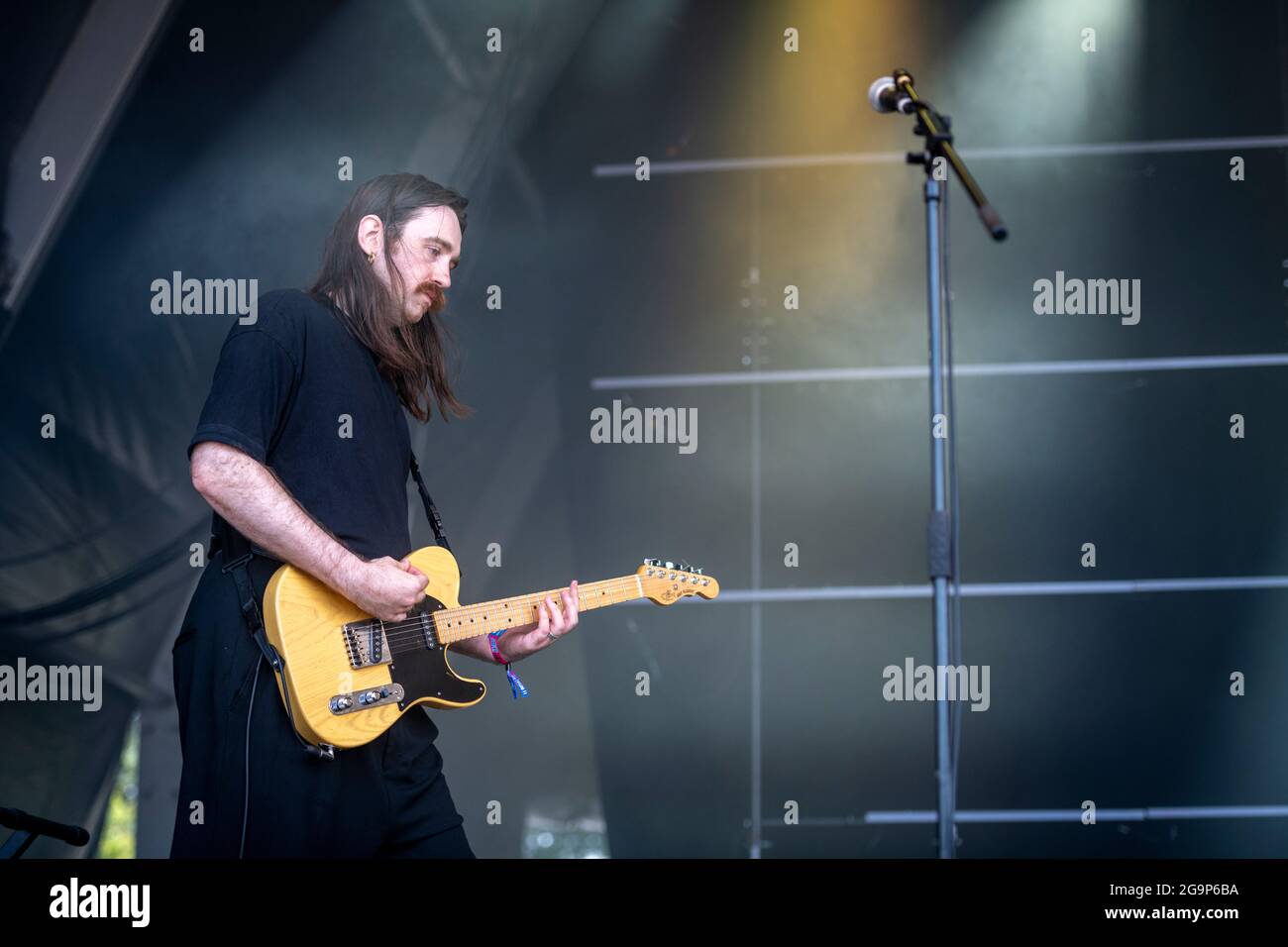 Sam Shipstone guitarist with the Yard Act at Standon Calling festival Hertfordshire Uk 2021 Stock Photo