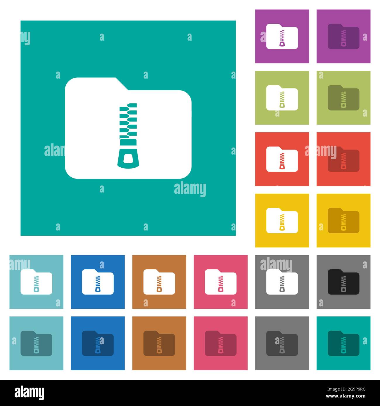 Compressed folder multi colored flat icons on plain square backgrounds. Included white and darker icon variations for hover or active effects. Stock Vector