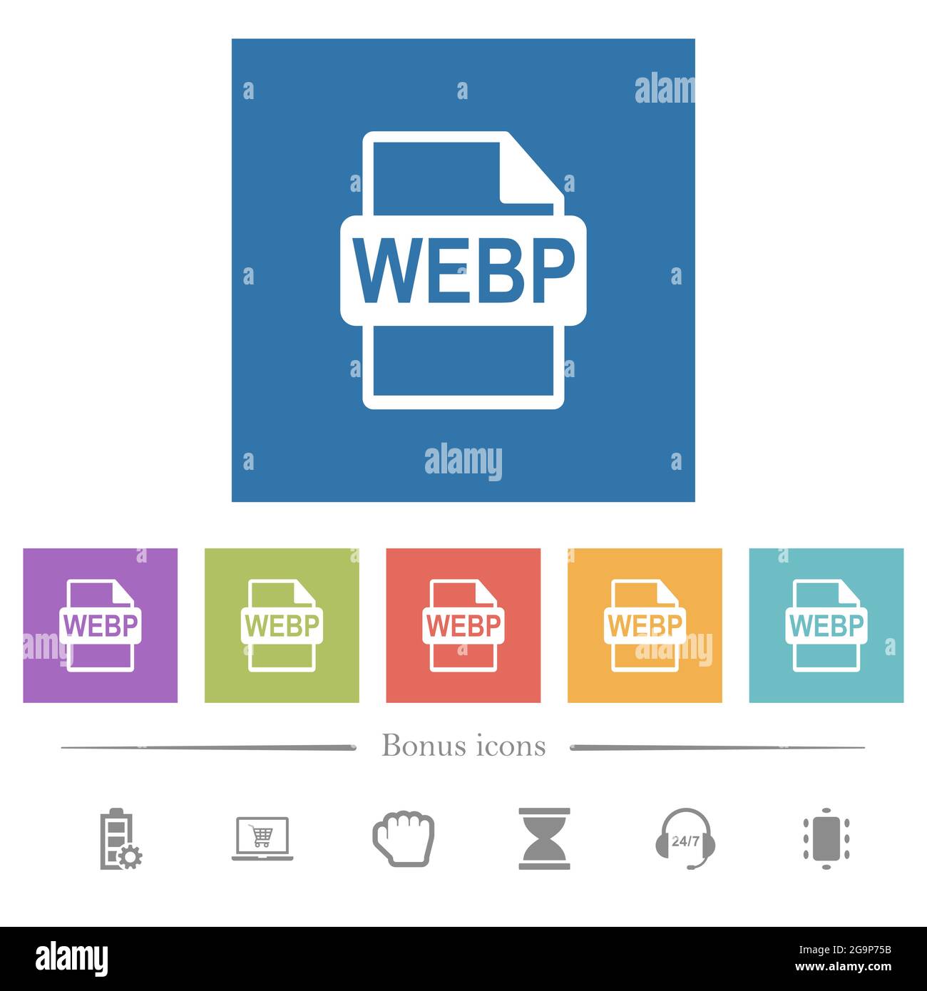 WEBP file format flat white icons in square backgrounds. 6 bonus icons ...