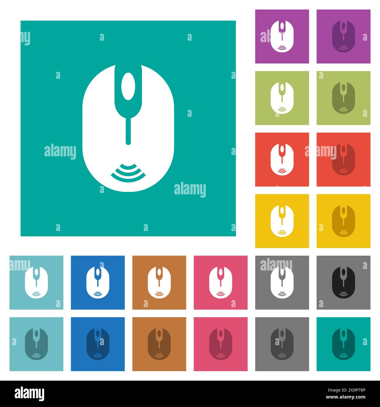 Wireless computer mouse multi colored flat icons on plain square backgrounds. Included white and darker icon variations for hover or active effects. Stock Vector