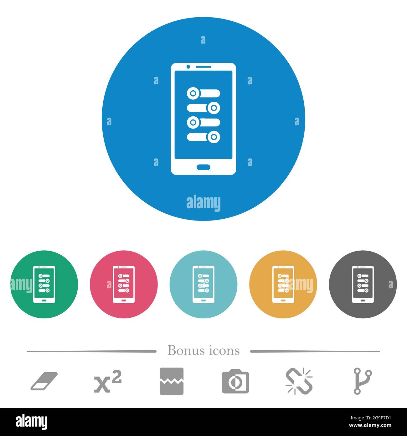 Mobile fine tune flat white icons on round color backgrounds. 6 bonus ...