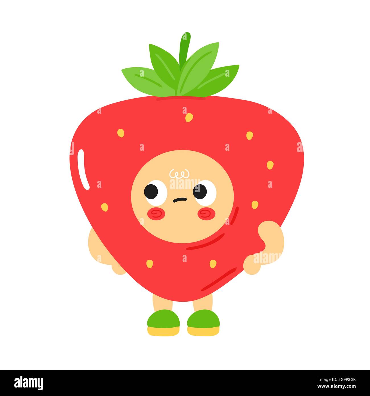 Cute funny sad bored strawberry with baby face. Vector cartoon kawaii character illustration kids emoji icon. Isolated on white background. Strawberry child poster, card cartoon character concept Stock Vector