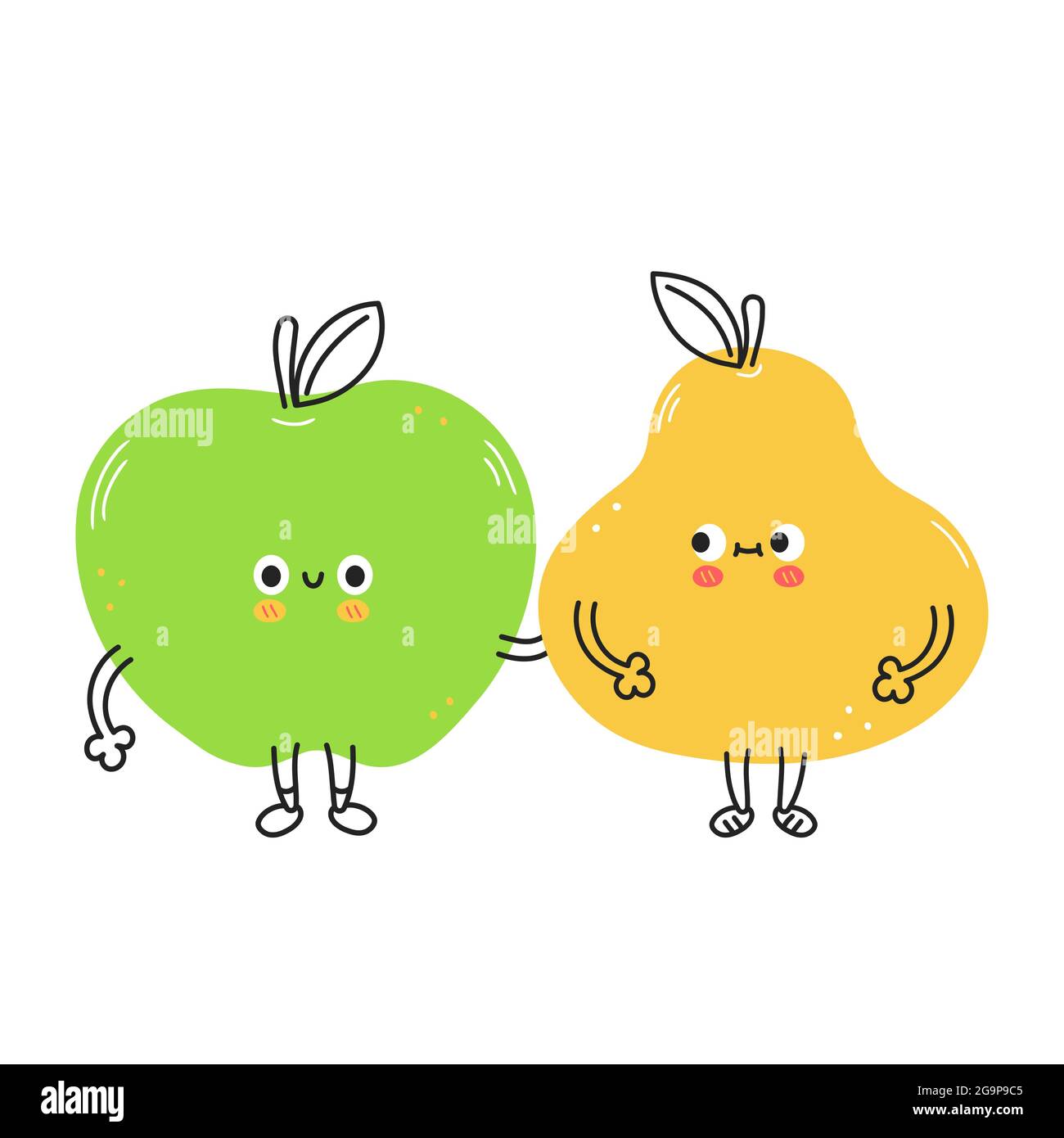 Cute funny pear and apple fruits. Vector hand drawn cartoon kawaii doodle character illustration icon. Lemon,strawberry and apple cartoon character concept. Isolated on white background Stock Vector