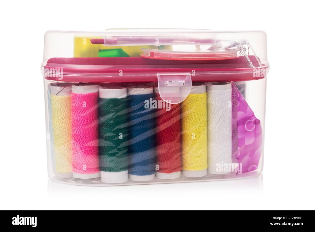 Sewing kit with different spools of thread in a transparent plastic box ...
