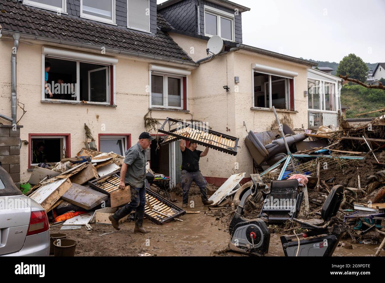 Flood disaster on the Ahr River, as seen here in Schuld in Rheinland-Pfalz in Germany. The town and the entire Ahr valley have been very badly damaged. Volunteers and relief organizations have been busy for days with the cleanup work, which will continue for months and years. Stock Photo