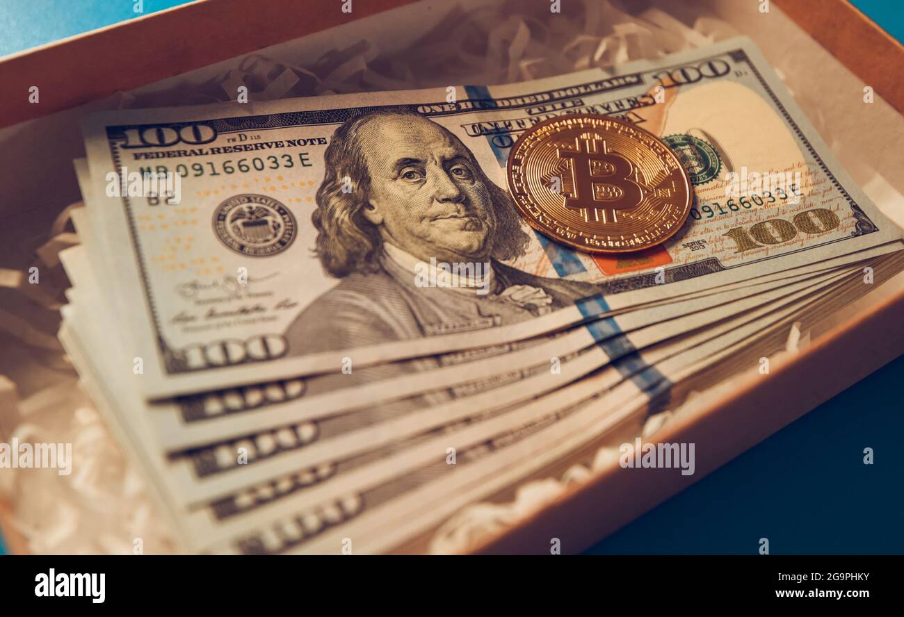 the confrontation between bitcoin and the currency. cash dollars against  the digital future. gift cryptocurrency concept Stock Photo - Alamy