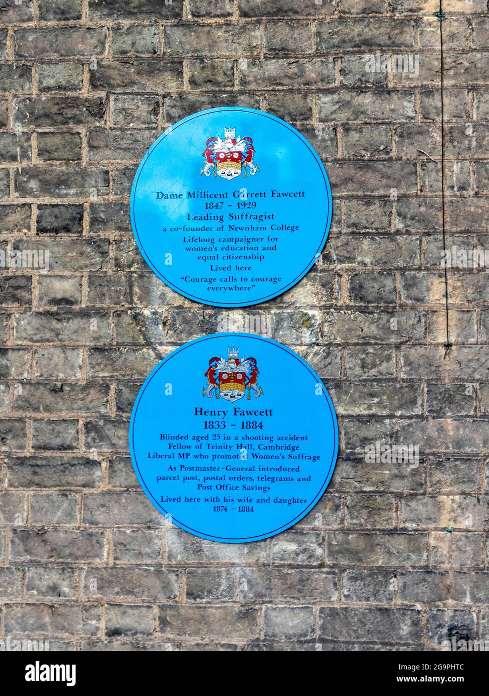 CAMBRIDGE ENGLAND BLUE PLAQUES FOR MILLICENT AND HENRY FAWCETT Stock