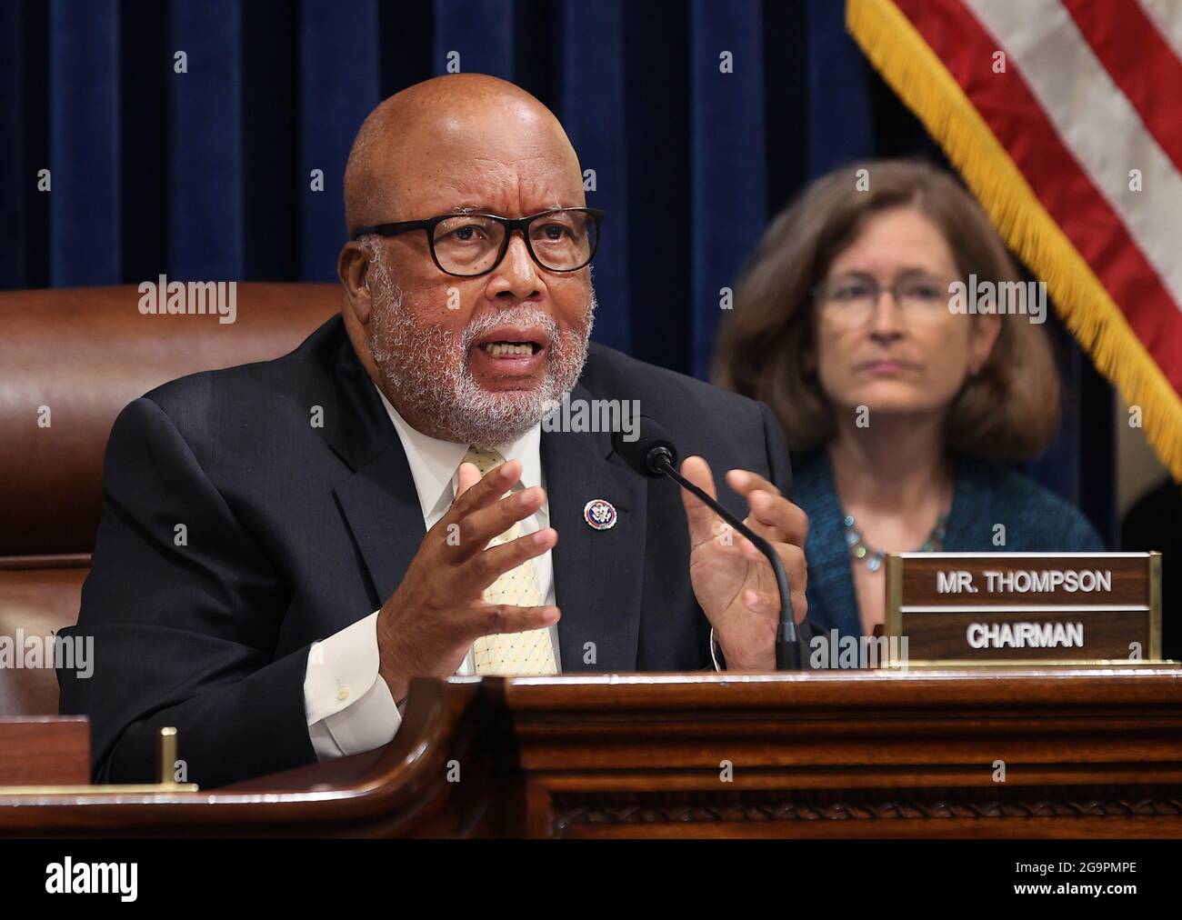 Washington, United States. 27th July, 2021. Chairman Rep. Bennie Thompson (D-MS) questions witnesses during the first hearing of the House Select Committee investigating the January 6 attack on the U.S. Capitol at the Canon House Office Building in Washington, DC on Tuesday, on July 27, 2021. About 140 police officers were injured when they were trampled by the former President Donald Trump supporters aiming to overthrow the 2020 presidential election. Five people died. Pool Photo by Chip Somodevilla/UPI Credit: UPI/Alamy Live News Stock Photo
