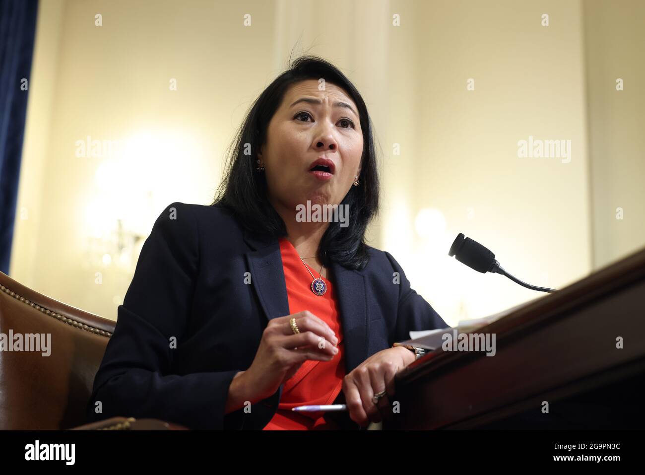 Democratic Representative from Florida Stephanie Murphy reacts as she speaks during her questioning after officer testimony before members of the Select Committee to Investigate the January 6th Attack on the US Capitol, including Chairman and Democratic Representative from Mississippi Bennie Thompson, during their first hearing in the Cannon House Office Building on Capitol Hill in Washington, DC, USA, 27 July, 2021. The committee will hear testimony from members of the US Capitol Police and the Metropolitan Police Department who tried to protect the Capitol against insurrectionists on January Stock Photo