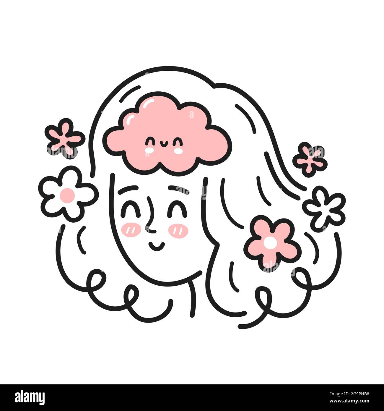 Cute woman head with happy brain inside. Good mood, mental health, emotional concept. Vector cartoon character illustration icon. Isolated on white backgound. Girl, woman in mental harmony Stock Vector