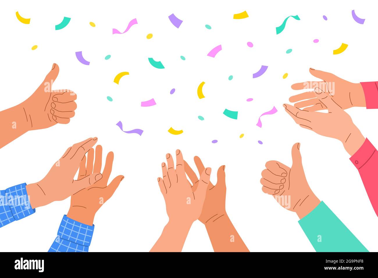 Clapping human hands. Group of men and women congratulates a winner. Business team applauding for great successful work. Teamwork and togetherness con Stock Vector