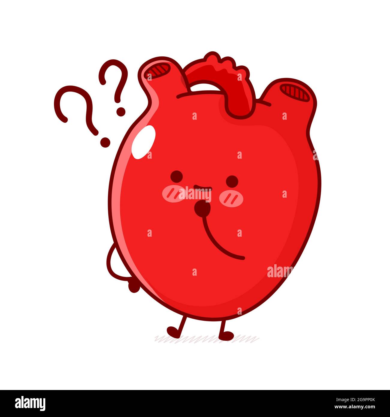 Cute funny human heart organ with question mark. Vector flat line doodle cartoon kawaii character illustration. Isolated on white background. Human heart organ,anatomy cartoon mascot character concept Stock Vector