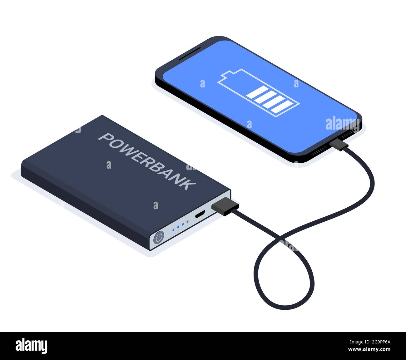 Powerbank isometric usb cable battery. Charge cell phone vector power