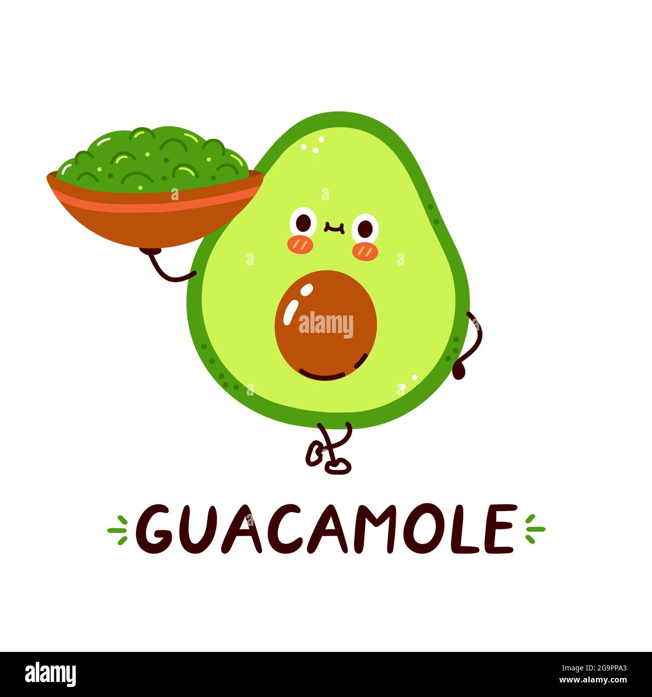 Cute happy avocado hold guacamole sauce bowl character. Vector hand drawn cartoon kawaii character illustration. Isolated on white background. Acocado and guacamole sauce cartoon character concept Stock Vector