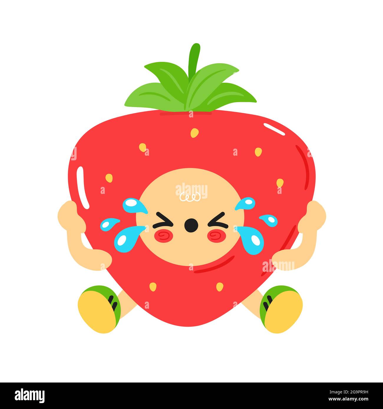 Cute funny sad strawberry with baby face. Vector cartoon kawaii character illustration kids emoji icon. Isolated on white background. Strawberry child poster, card cartoon character concept Stock Vector