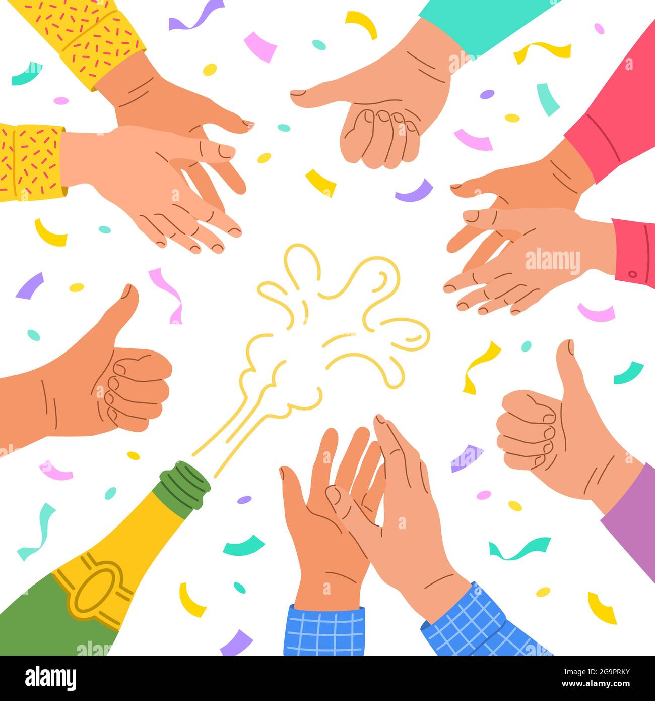 Clapping human hands. Group of men and women congratulates a winner with applause and champagne . Business team celebrates successful work. Teamwork a Stock Vector