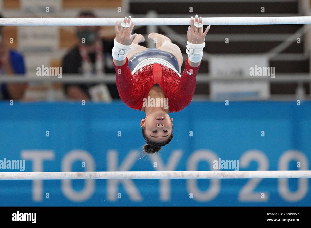 Tokyo Japan 27th July 21 Sunisa Lee Of The United States Performs On The Uneven Bars During The Women S Artistic Team All Around Finals At The Tokyo Summer Olympic Games In Tokyo