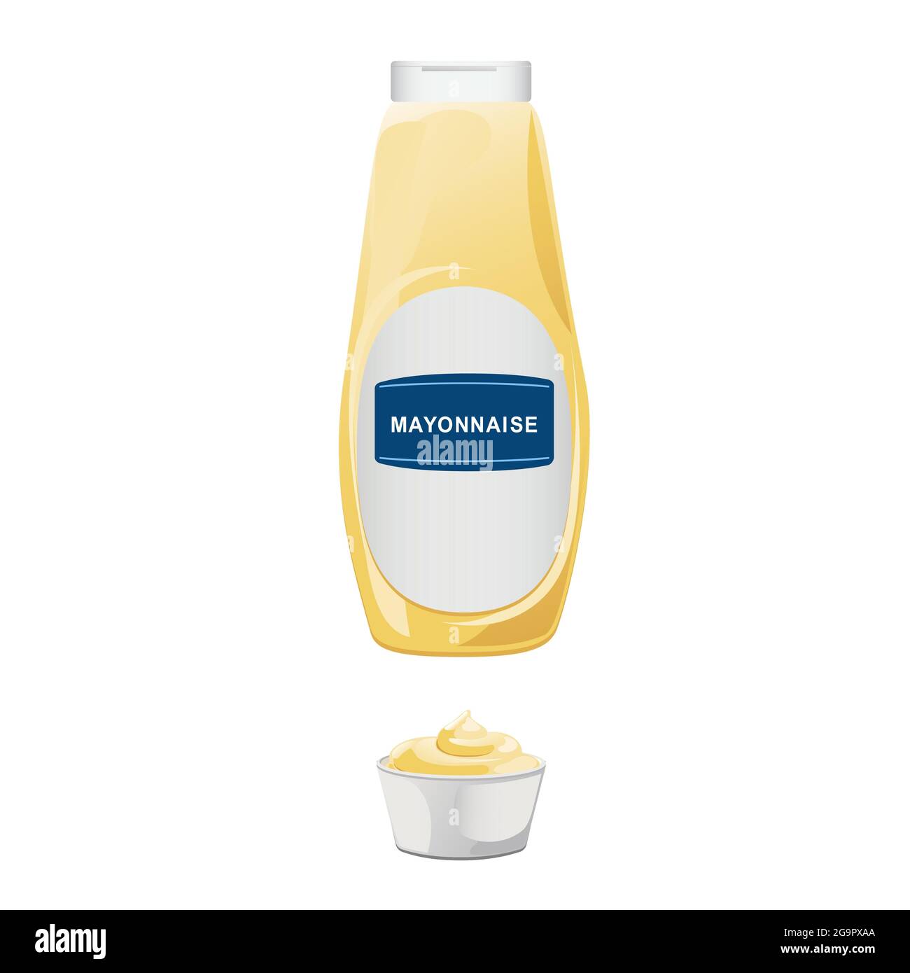 Mayonnaise in glass bottle with ceramic bowl. Jar with white sauce. Condiment container in