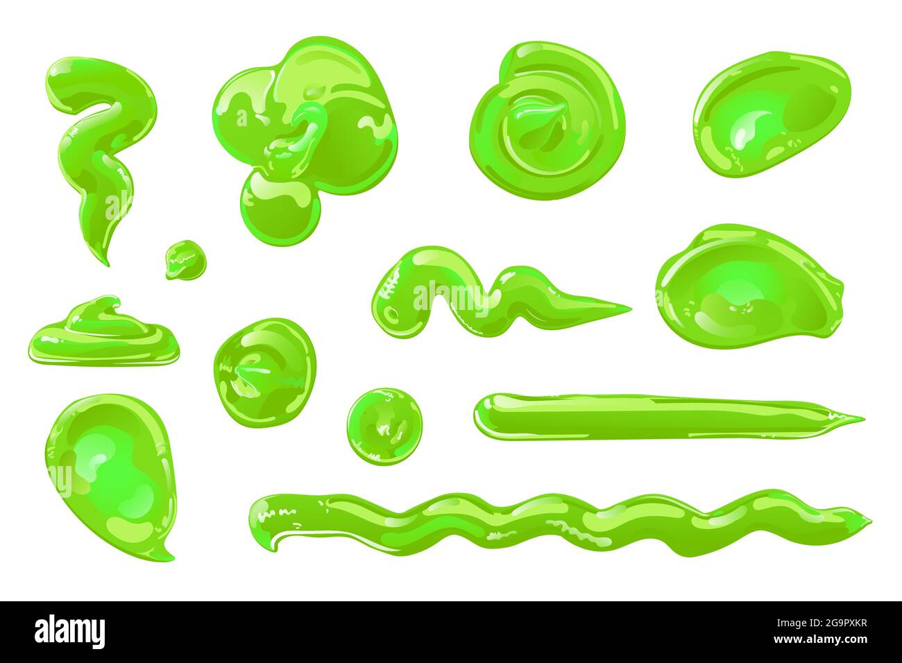 Green slime in flat cartoon style set. Toxic jelly splashes, drops or stains. Vector design for Halloween. Stock Vector