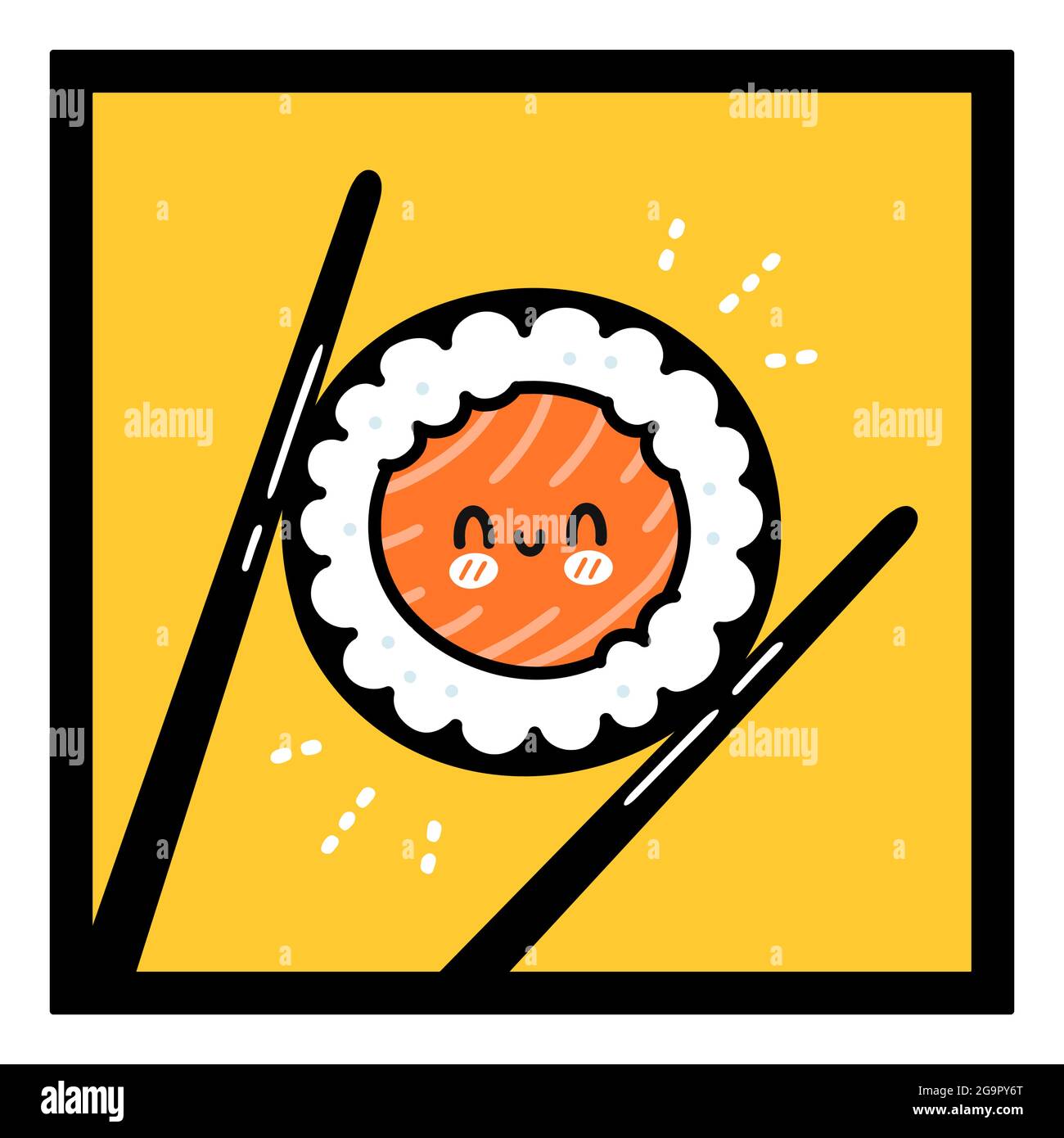 Chopsticks holding happy sushi roll character. Vector hand drawn cartoon kawaii doodle character illustration logo icon. Sushi roll cartoon face, chopsticks, asian food restaurant logo concept Stock Vector
