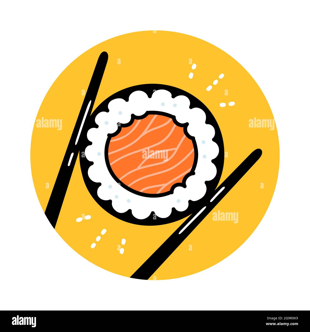 Chopsticks holding sushi roll. Vector hand drawn cartoon doodle illustration vintage logo icon. Sushi maki roll with salmon, chopsticks, asian food restaurant logo concept Stock Vector