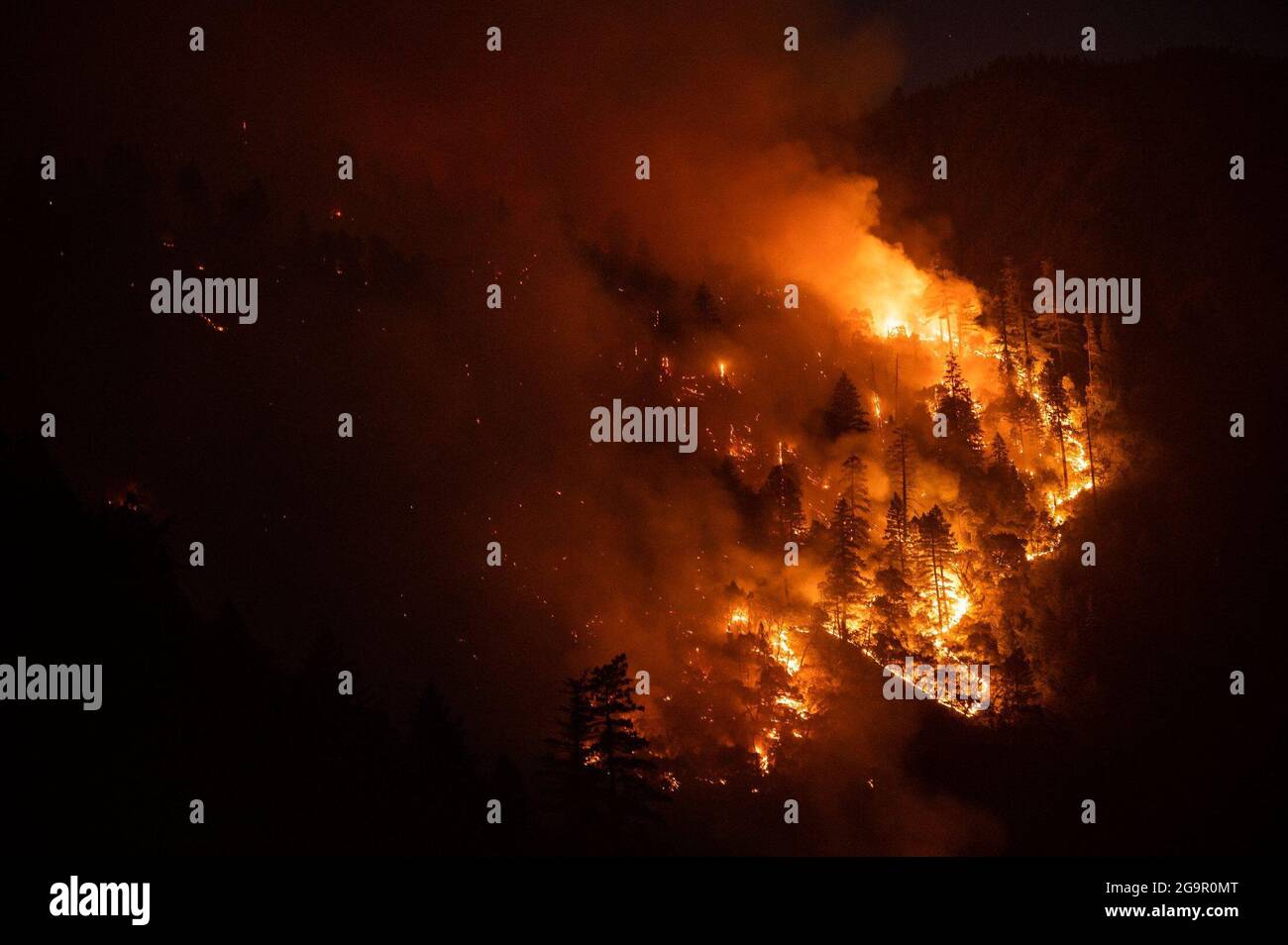 Plumas County, USA. 21st July, 2021. The Dixie fire blazes off of Highway 70 on July 21, 2021, in Plumas County, Calif. (Photo by Xavier Mascarenas/The Sacramento Bee/TNS/Sipa USA) Credit: Sipa USA/Alamy Live News Stock Photo