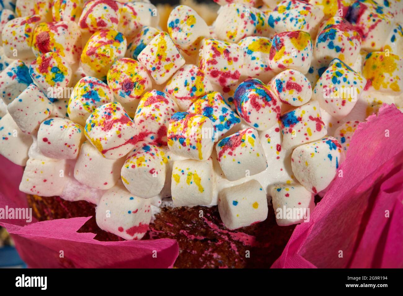 Colorful marshmallow on whipped egg whites on Easter cake Stock Photo