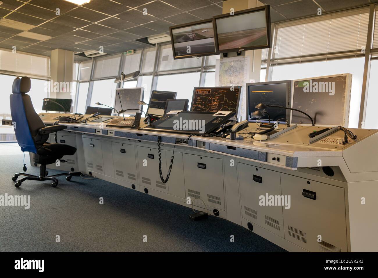 Air traffic controller workplace. Work space of the manager of takeoffs ...