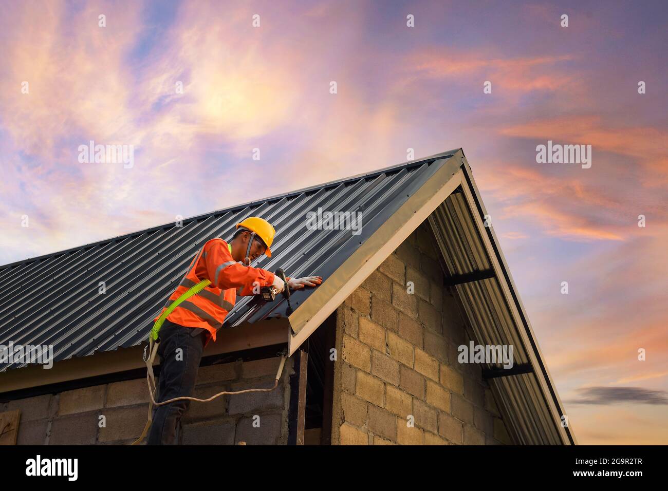 Roofer Construction worker install new roof,Roofing tools,Electric