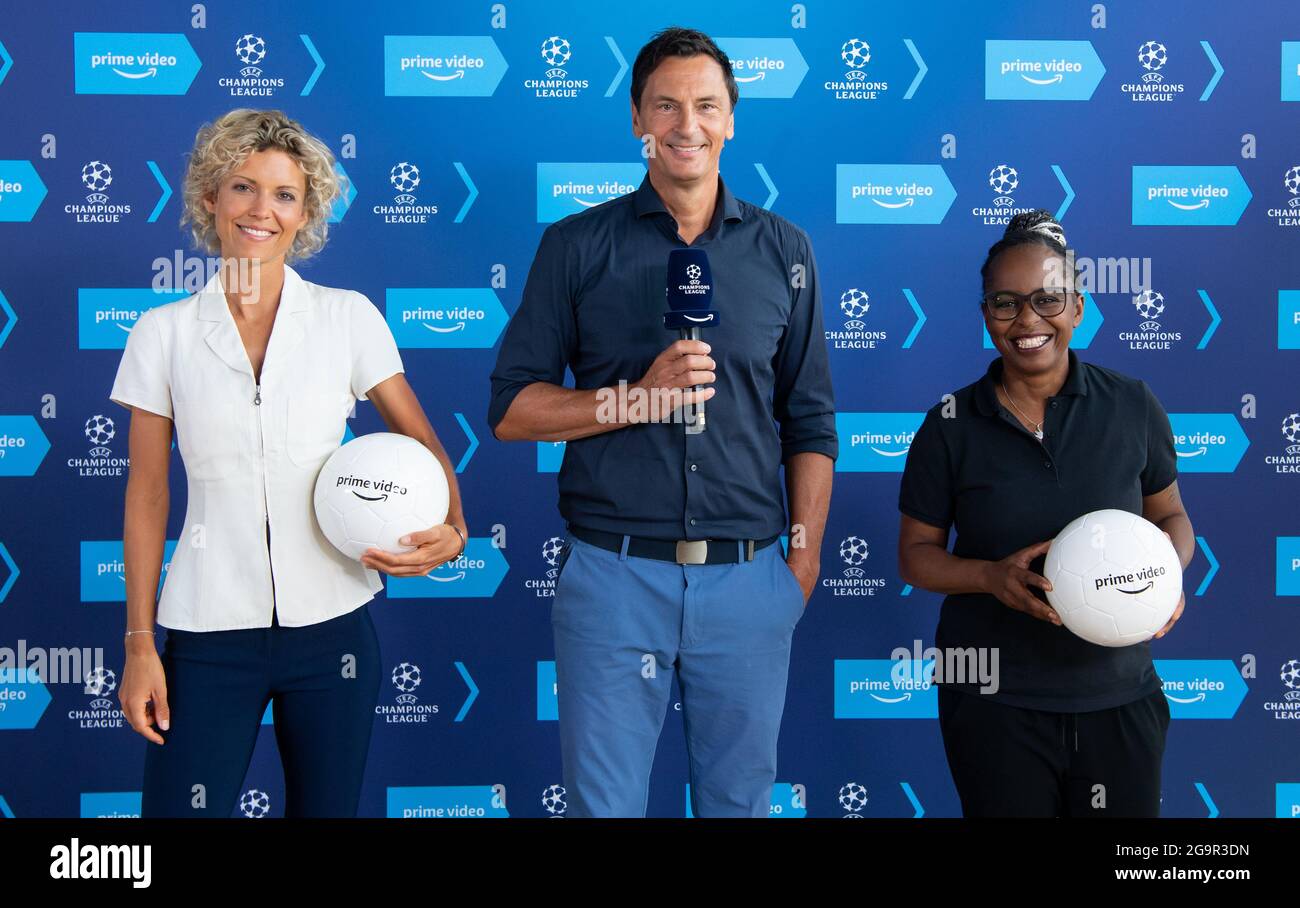 Munich, Germany. 27th July, 2021. Annika Zimmermann (l-r), host and  reporter, Sebastian Hellmann, host, and Shary Reeves, host and reporter,  attend a press conference of Amazon Prime Video. Amazon will show Champions