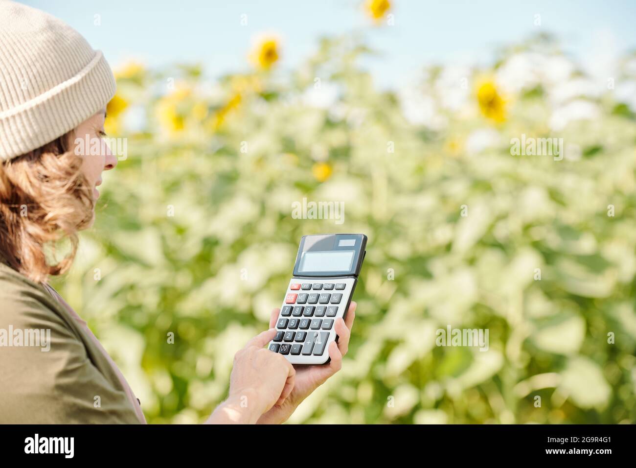 Hands of senior male farmer holding calculator with one on its display and pushing button with this number against green plants and leaves Stock Photo