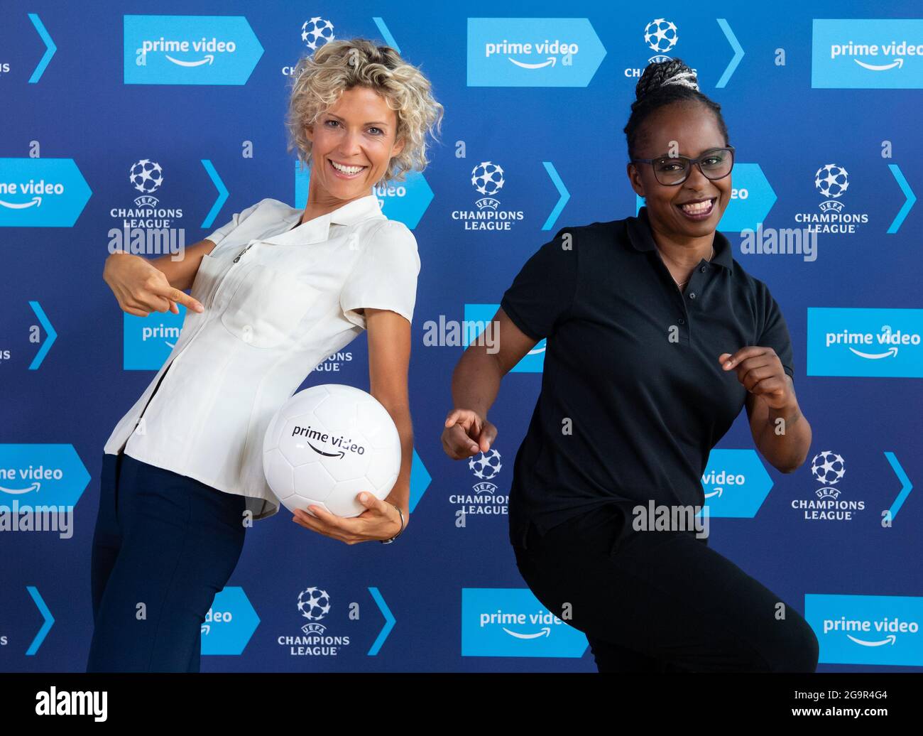 Munich, Germany. 27th July, 2021. Annika Zimmermann (l), host and reporter,  and Shary Reeves, host and reporter, attend a press conference of Amazon  Prime Video. Amazon will show Champions League matches from