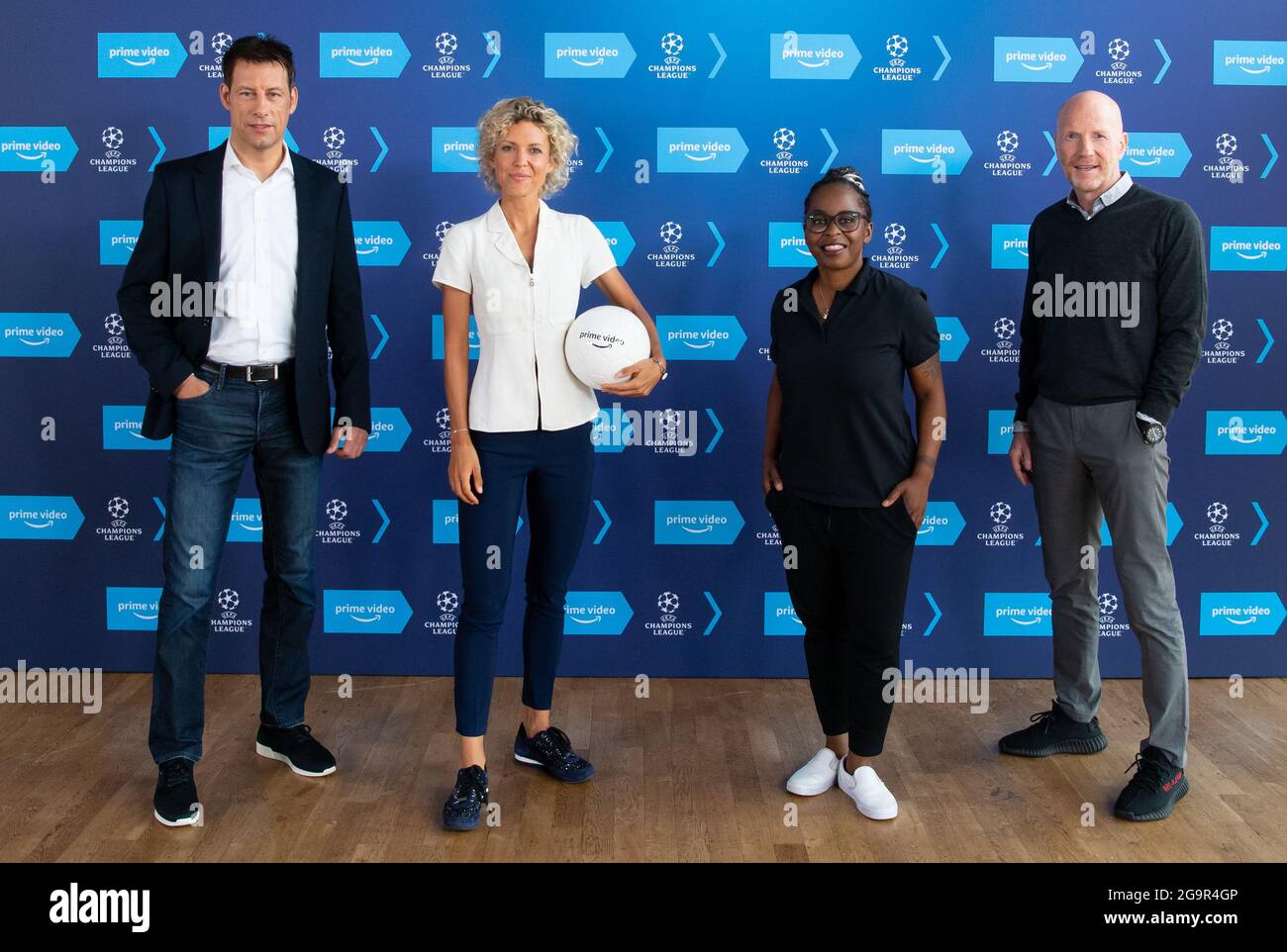 Munich, Germany. 27th July, 2021. Wolfgang Stark (l-r), referee expert,  Annika Zimmermann, presenter and reporter, Shary Reeves, presenter and  reporter, and Matthias Sammer, TV expert, take part in a press conference of