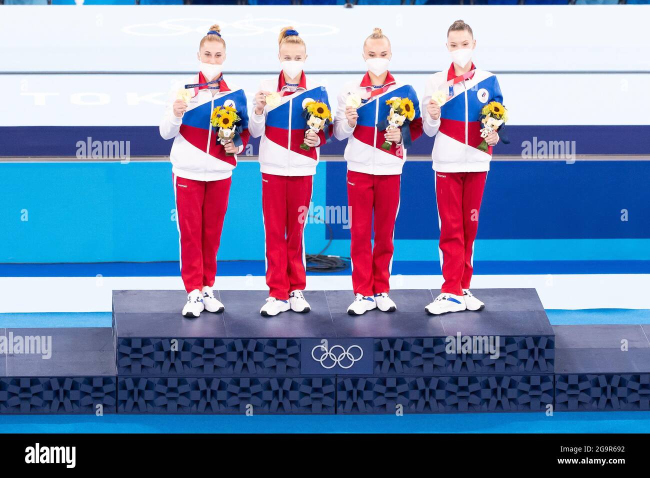 July 27, 2021: Vladislava Urazova, Liliia Akhaimova, Angelina Melnikova and  Viktoriia Listunova of Russian Olympic Committee (ROC) display their Medals  at the podium after winning the Gold Medal during the Tokyo 2020