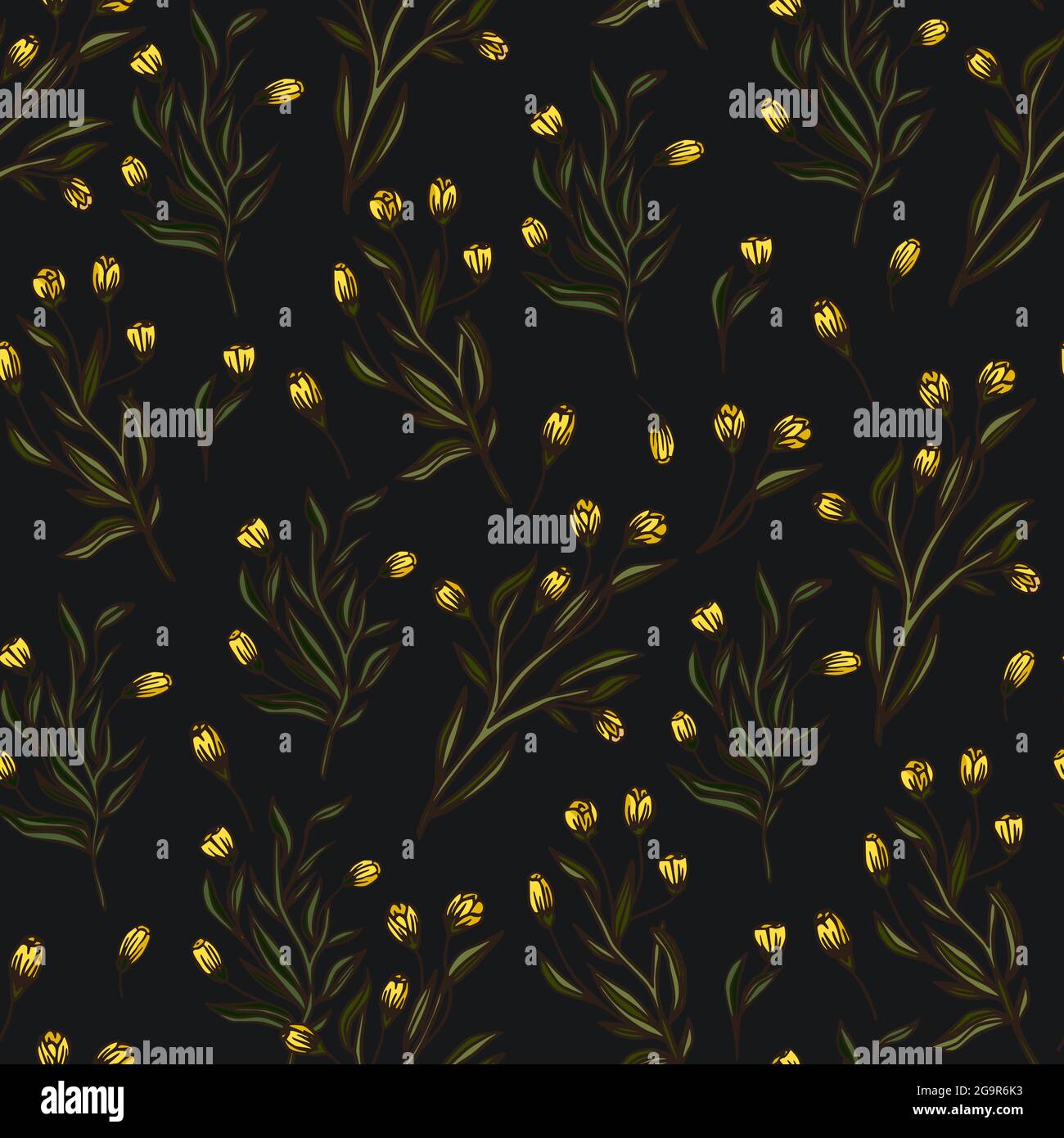 Tropical yellow flower seamless pattern on a black background. Meadow