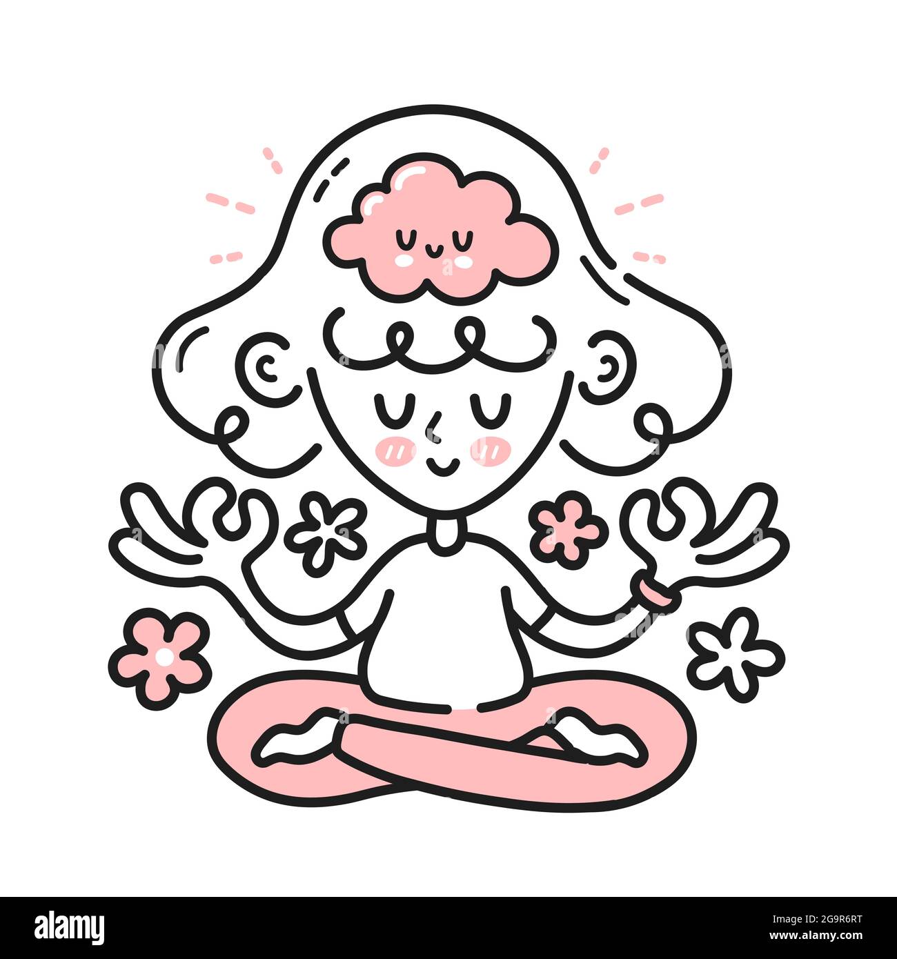 Cute meditating woman with happy brain inside. Vector cartoon character illustration icon. Isolated on white backgound. Girl, woman in mental harmony, meditation, mindfulness concept Stock Vector