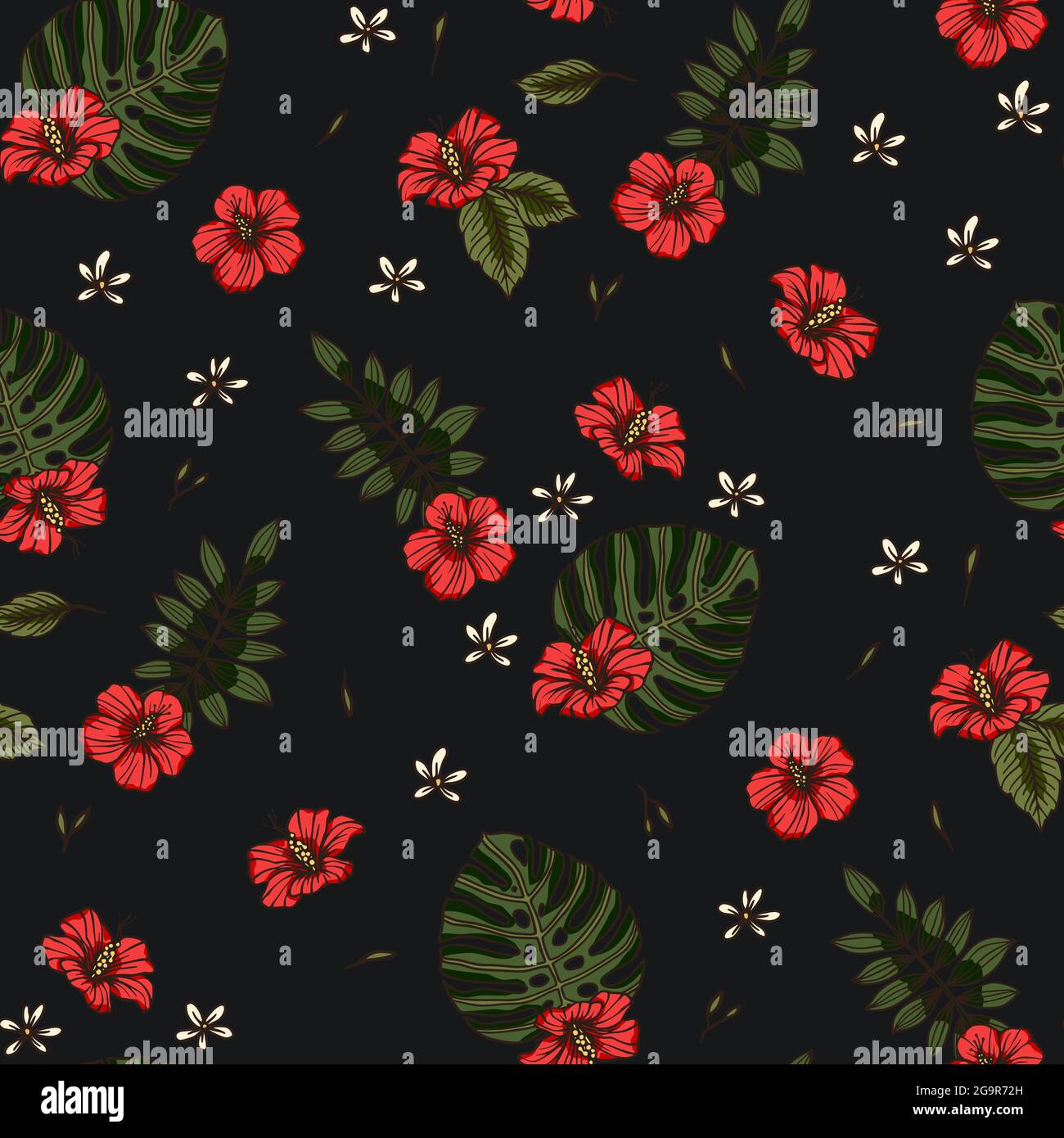 Red tropical hibiscus flower seamless pattern. Nature summer art on a ...