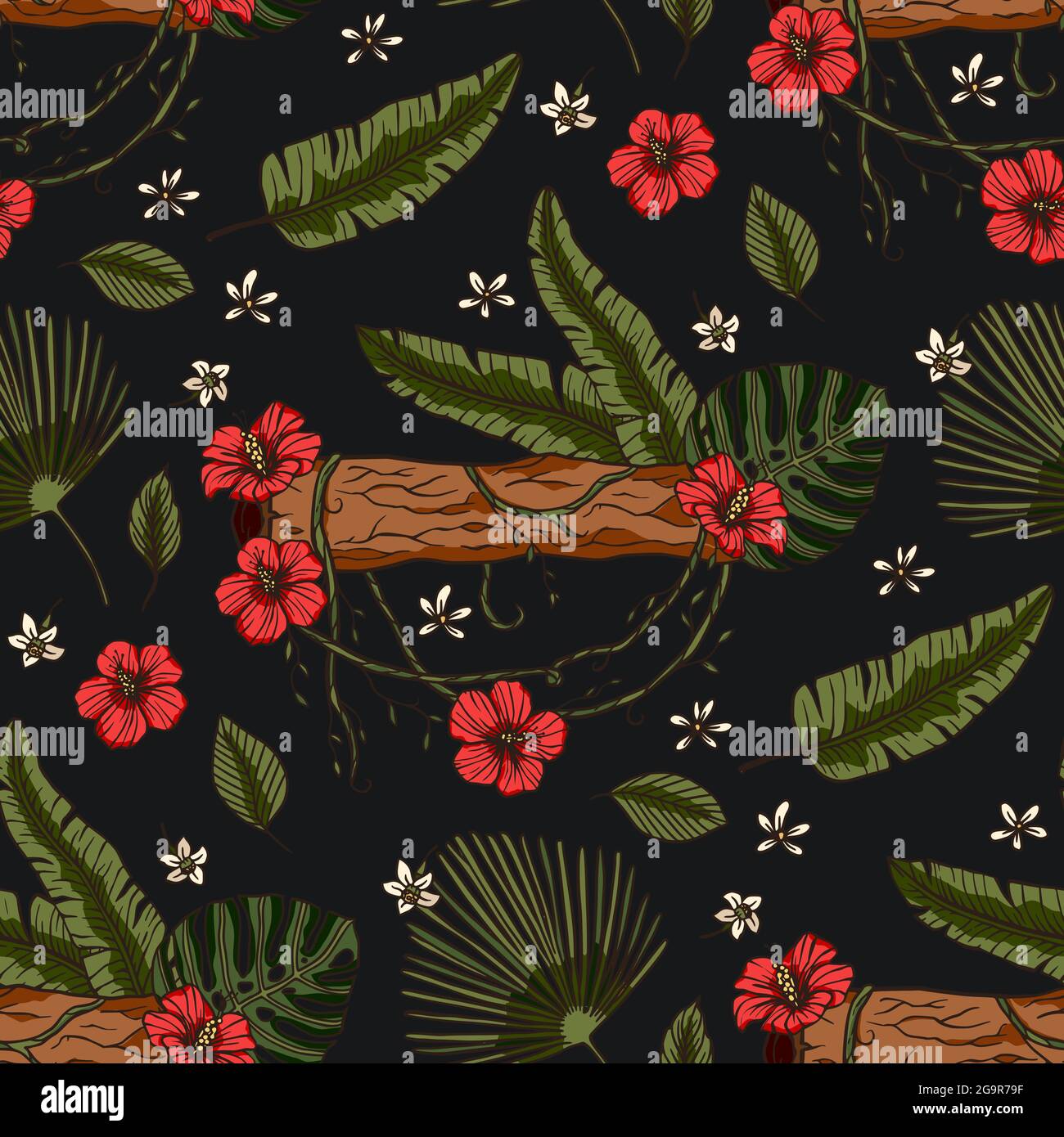 Red tropical hibiscus flower seamless pattern. Nature summer art on a ...
