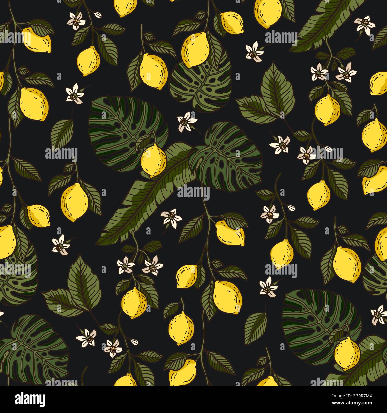 Lemon fruit tropical seamless pattern on a black background. Yellow vector wallpaper illustration, nature print leaf decoration Stock Vector Image & Art - Alamy Lemon fruit tropical seamless pattern on a black background. Yellow vector wallpaper illustration, nature print leaf decoration Stock Vector Image & Art - Alamy