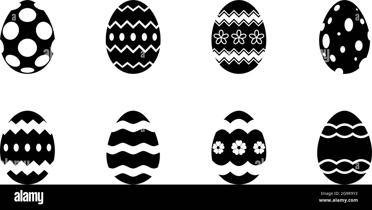 Easter Egg vector set on white isolated background. Each egg in one joined black shape. Color changeable. Stock Vector