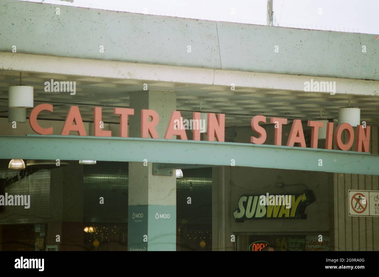 Signage for Caltrain station, a commuter rail station in the South of ...