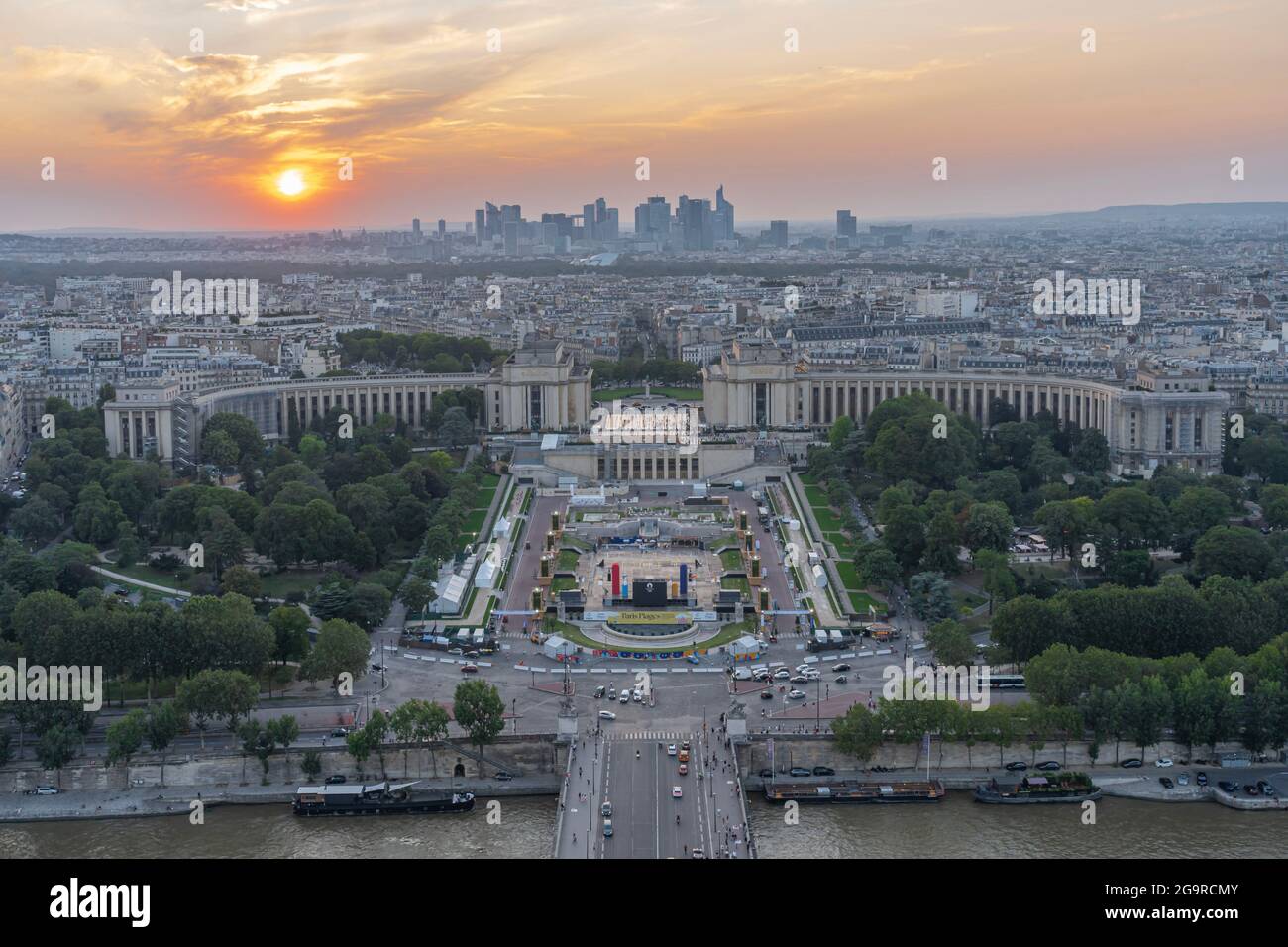 Paris, France - 07 22 2021: Eiffel Tower: View of the Trocadero and la Defense at sunset Stock Photo