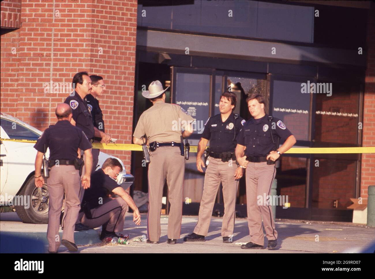 Terrorism and Disasters: ©1991 Aftermath of a mass shooting at Luby's Cafeteria in Killeen, Texas on October 16, 1991 where 35-year old George Hennard crashed a pickup into the eatery and shot 23 people to death before killing himself. Stock Photo