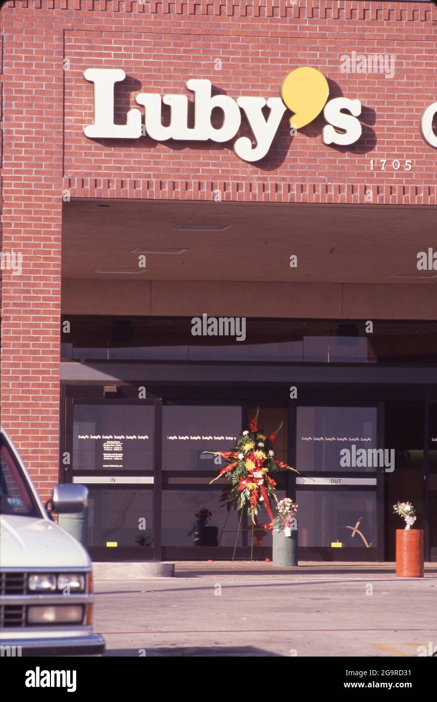 Terrorism and Disasters: ©1991 Aftermath of a mass shooting at Luby's Cafeteria in Killeen, Texas on October 16, 1991 where 35-year old George Hennard crashed a pickup into the eatery and shot 23 people to death before killing himself. Stock Photo